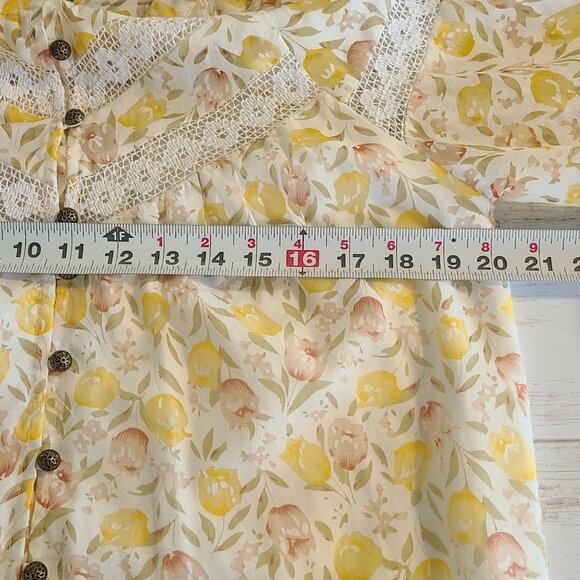 FATE Yellow Floral Balloon Long Sleeve Blouse Lace Inset Cottage Feminine Small - Picture 6 of 9